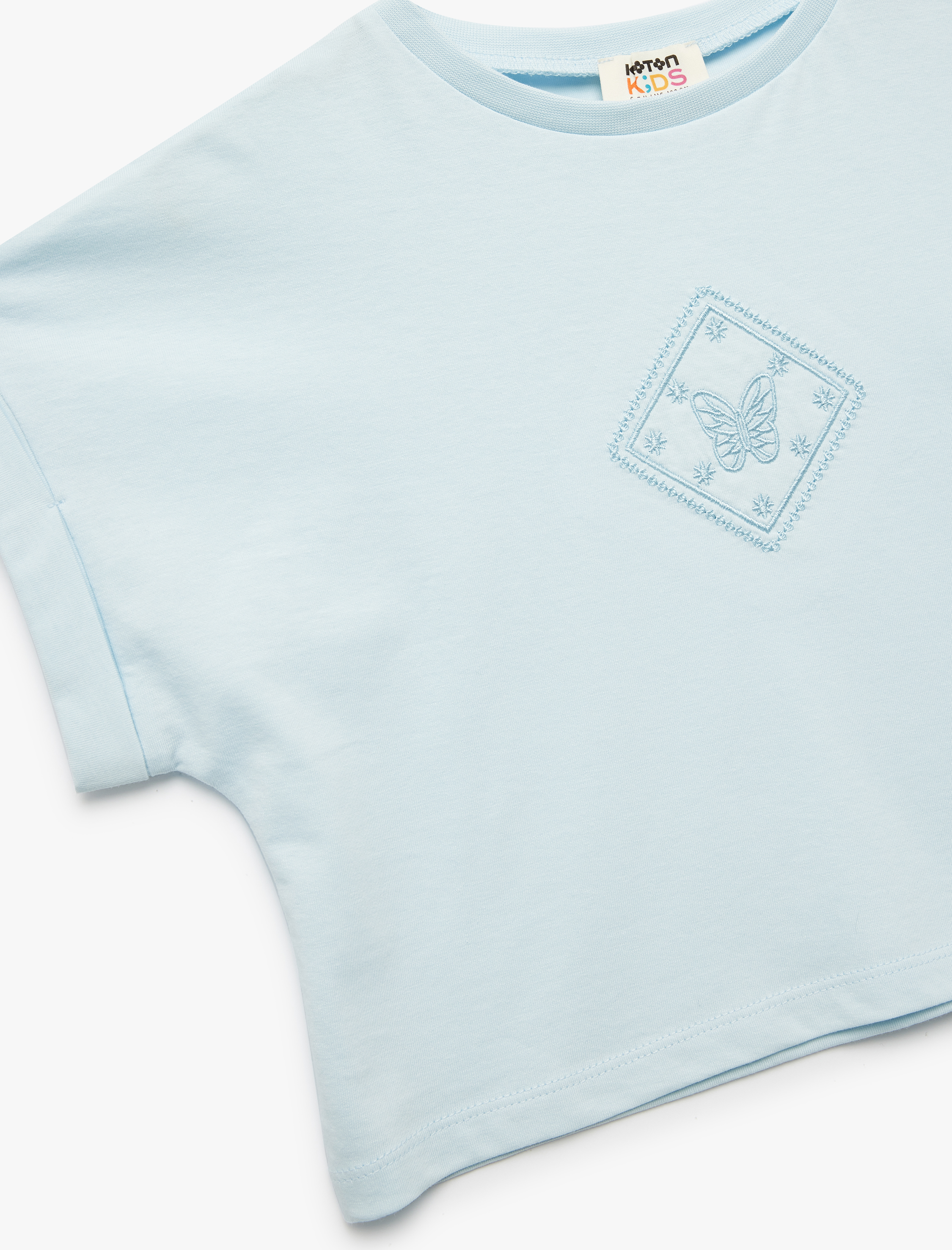  Kız Çocuk Tişört Kısa Kollu Bisiklet Yaka Kelebek İşlemeli Pamuklu