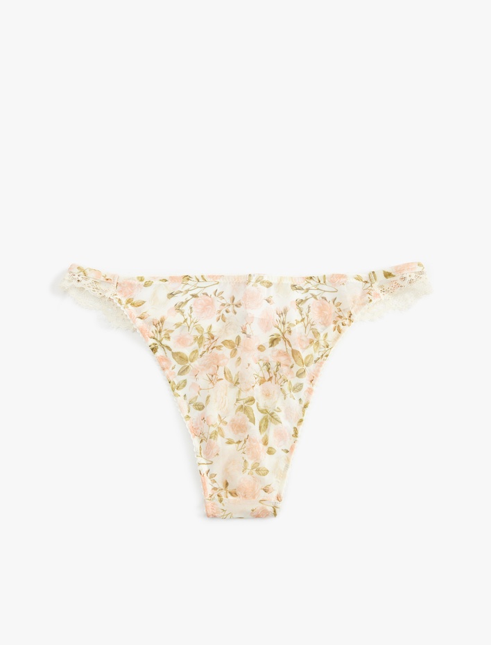  Transparan Dantel Detaylı Tül Çiçekli Brazilian Külot