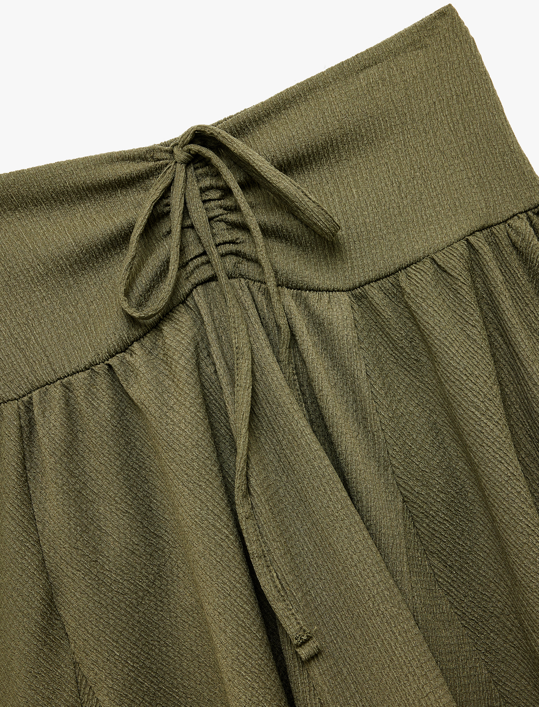   Bürümcük Kumaş Beli Bağcıklı Büzgülü A Kesim Mini Etek