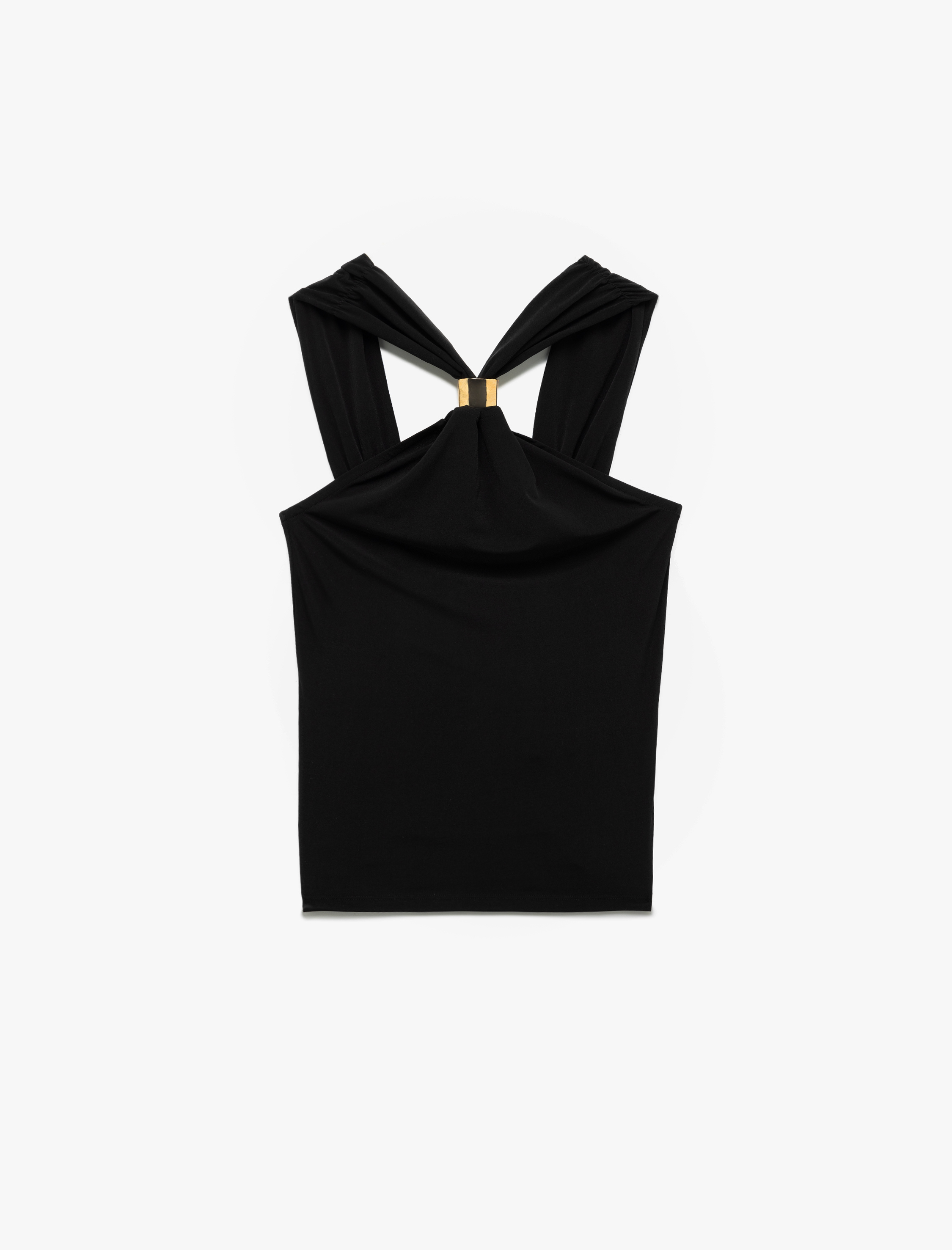   Sandy Kumaş Aksesuar Detaylı Asimetrik Halter Yaka Bluz