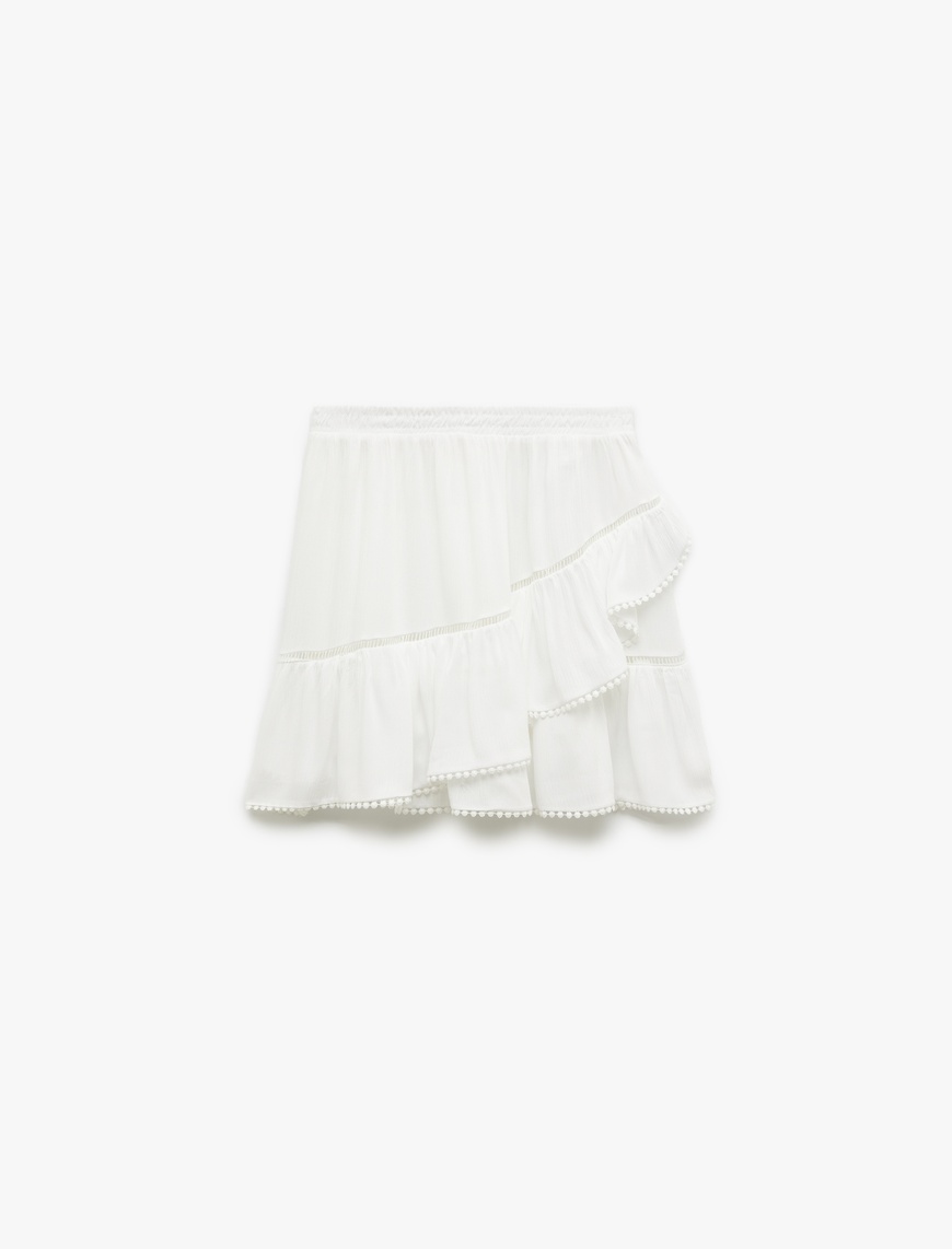   Viskon Crinkle Kumaş Astarlı Katlı Fistolu Fırfırlı Mini Etek