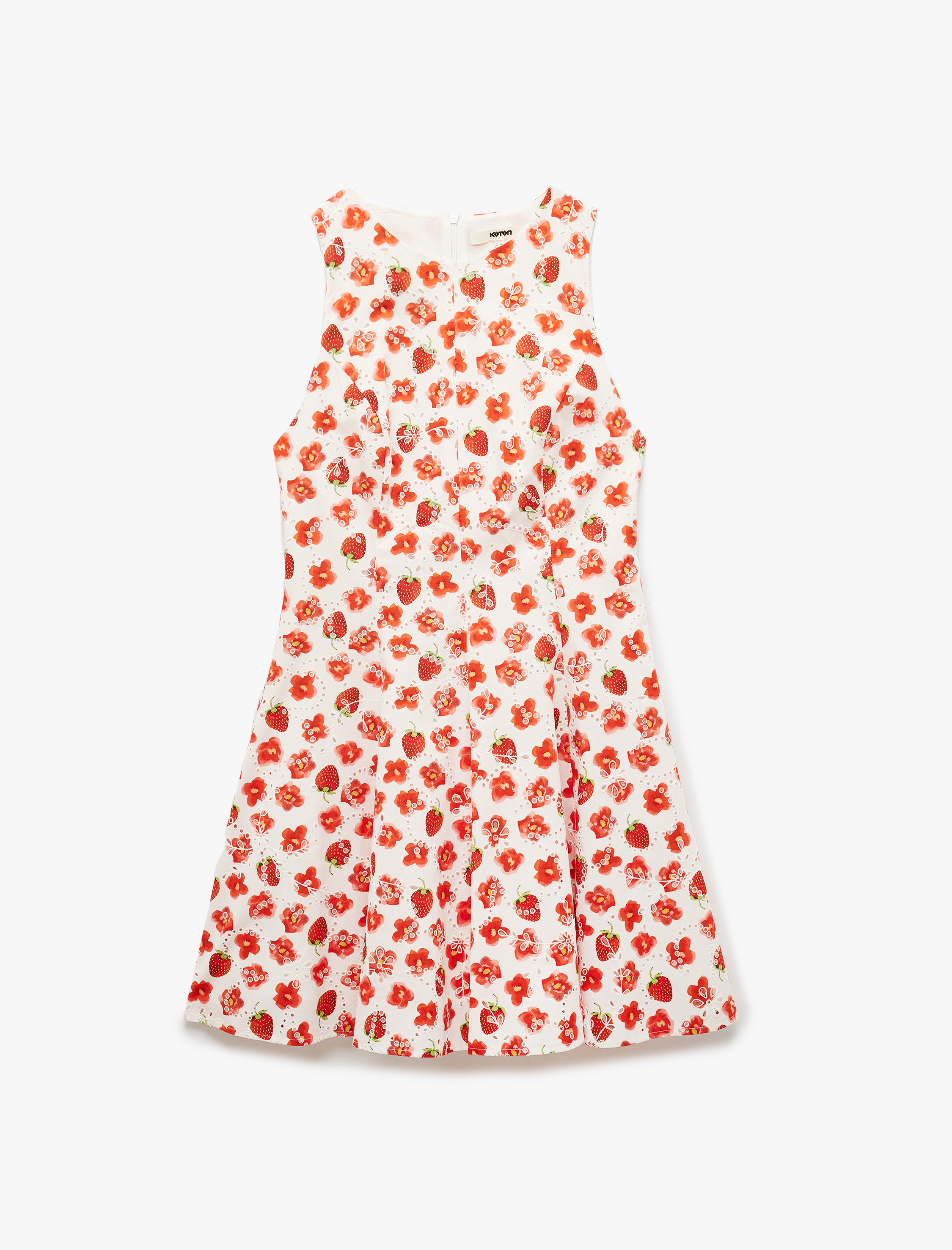 Pamuklu Kolsuz Bisiklet Yaka Çan Kesim Mini Çiçekli Elbise