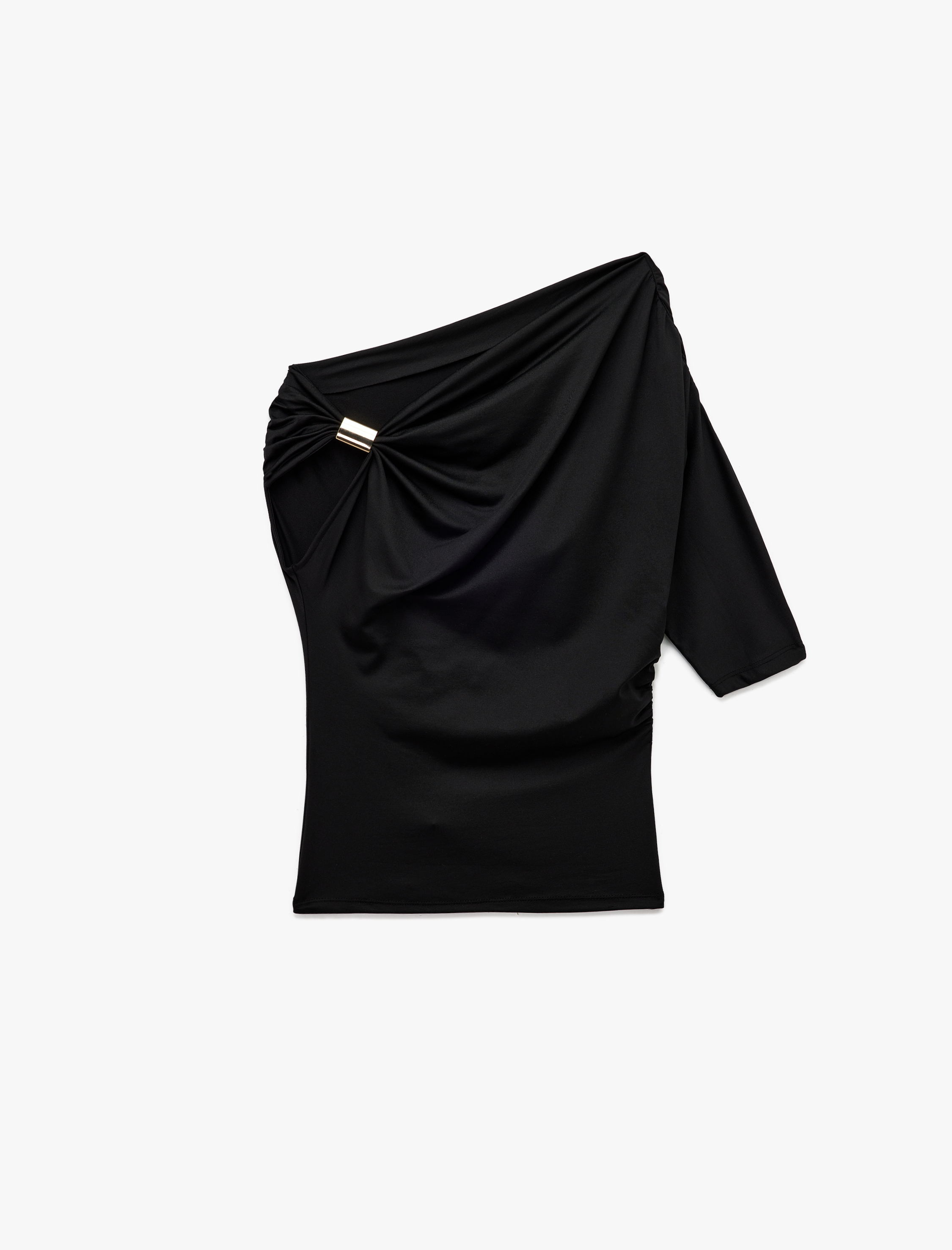   U Yaka Toka Detaylı Slim Fit Kısa Kollu Asimetrik Tişört