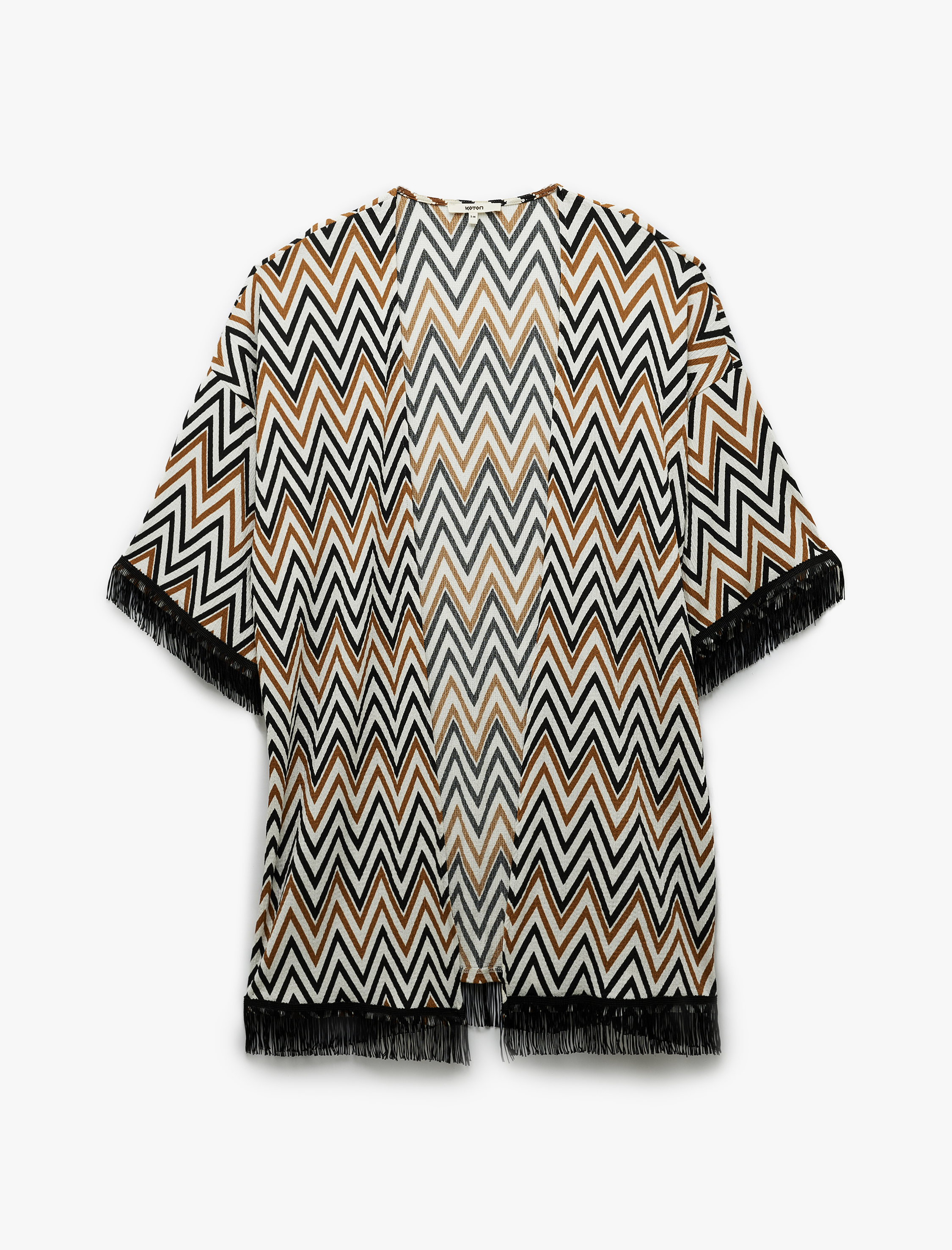   Rahat Kalıp Püsküllü Geometrik Desenli Uzun Kimono