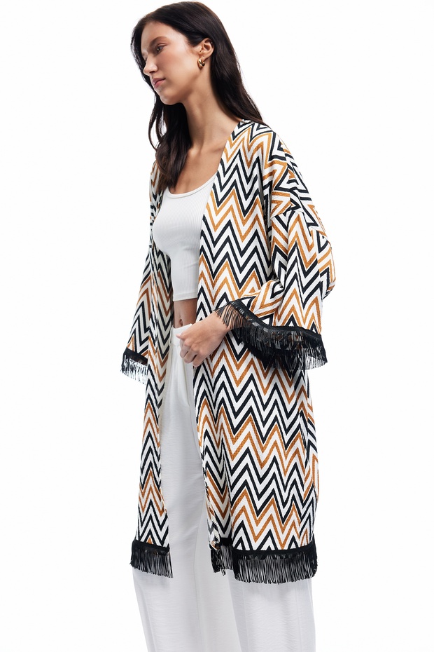  Rahat Kalıp Püsküllü Geometrik Desenli Uzun Kimono