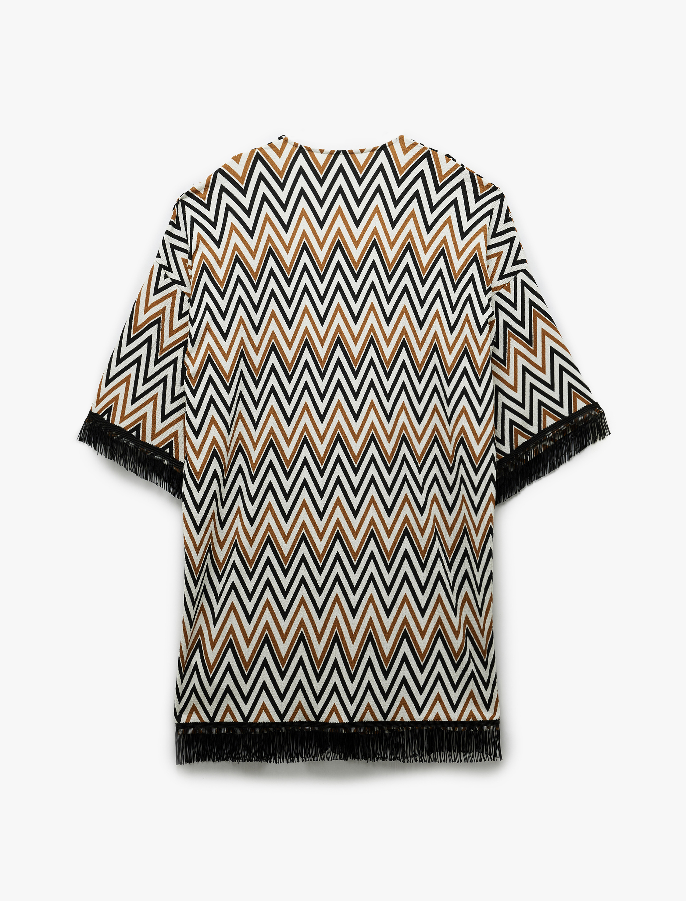   Rahat Kalıp Püsküllü Geometrik Desenli Uzun Kimono