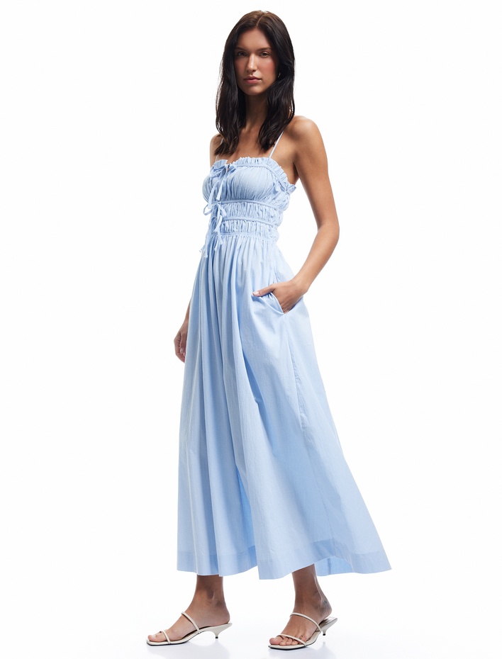  Koton X Sibil Çetinkaya - Pamuklu Gipeli Önden Fiyonk Detaylı Uzun İnce Askılı Elbise