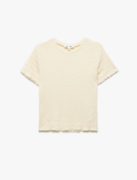 Basic Kısa Kollu Bisiklet Yaka Dokulu Crop Tişört Bürümcük