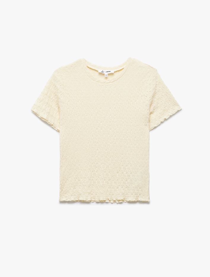  Basic Kısa Kollu Bisiklet Yaka Dokulu Crop Tişört Bürümcük