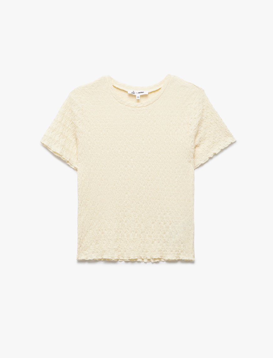   Basic Kısa Kollu Bisiklet Yaka Dokulu Crop Tişört Bürümcük