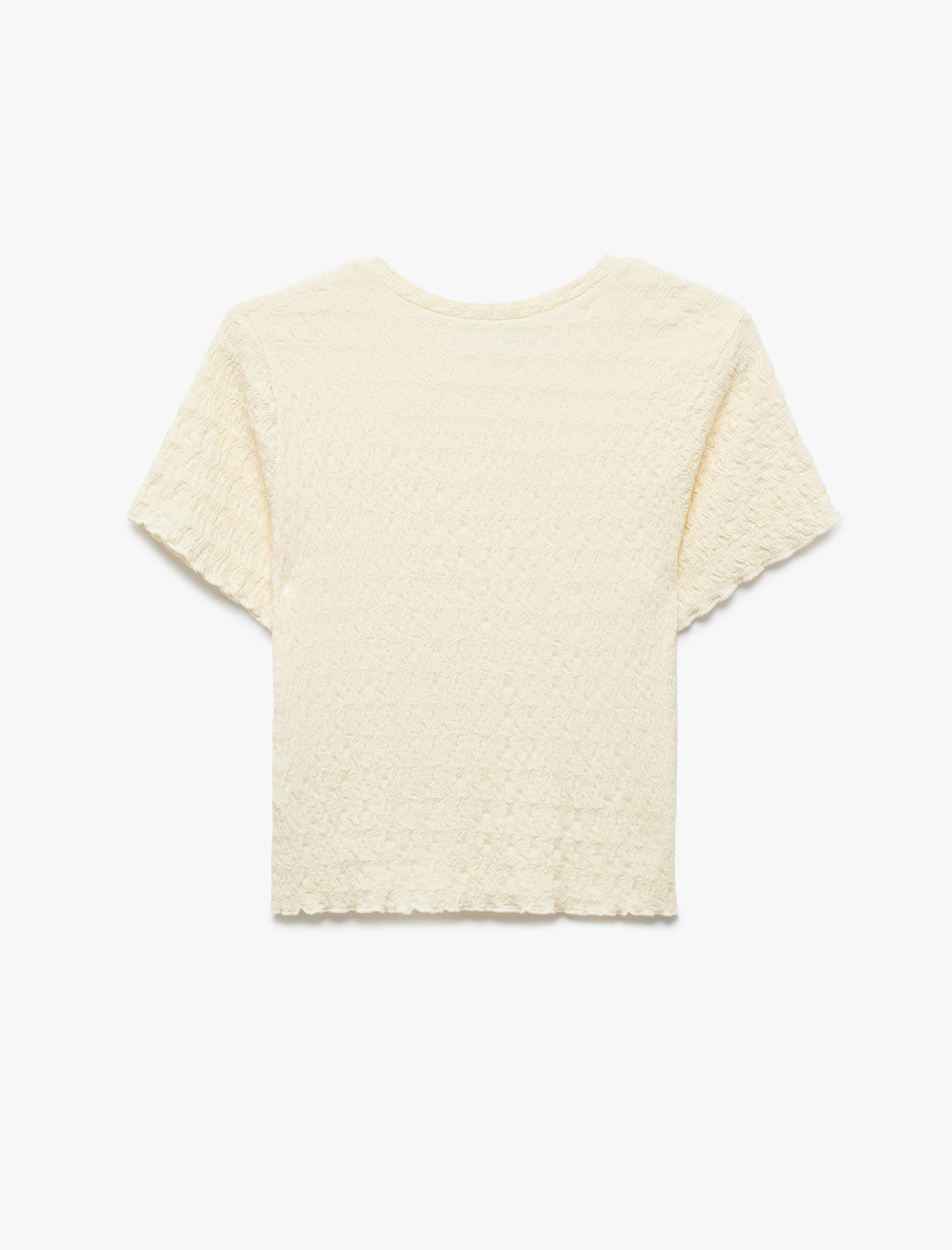   Basic Kısa Kollu Bisiklet Yaka Dokulu Crop Tişört Bürümcük