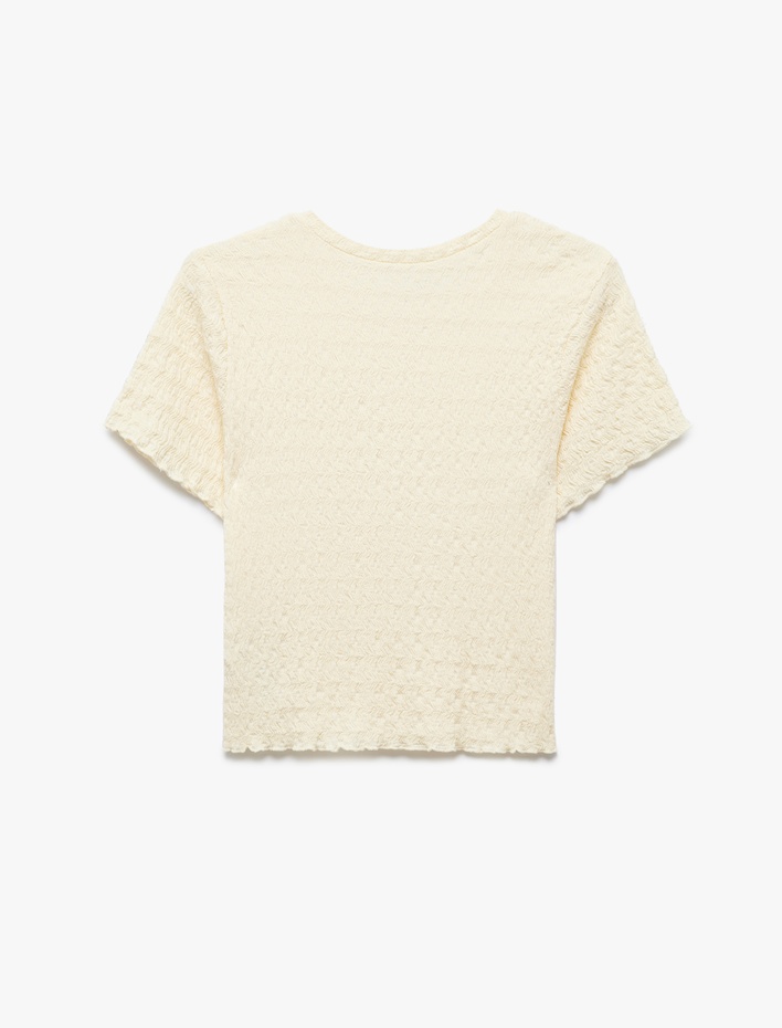  Basic Kısa Kollu Bisiklet Yaka Dokulu Crop Tişört Bürümcük