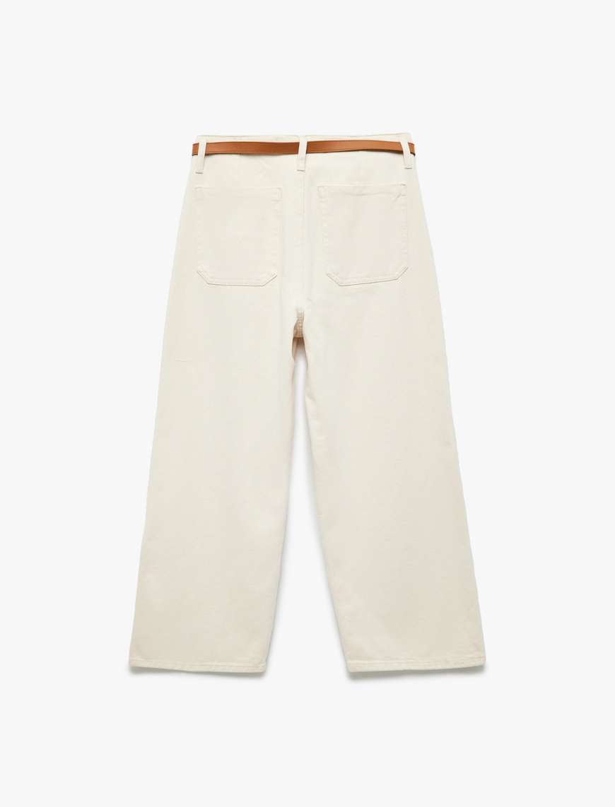   Kemer Detaylı Cepli Düğmeli Kısa Geniş Paça Pantolon - Crop Wide Leg Jean