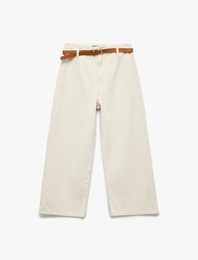 Kemer Detaylı Cepli Düğmeli Kısa Geniş Paça Pantolon - Crop Wide Leg Jean
