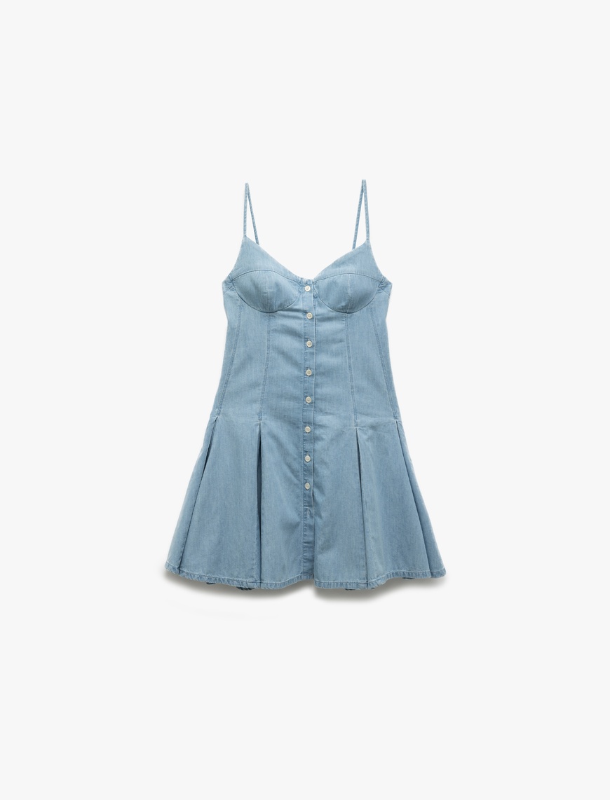   Koton X Sibil Çetinkaya - Kalp Yaka İp Askılı Düğmeli Pileli Mini Denim Elbise