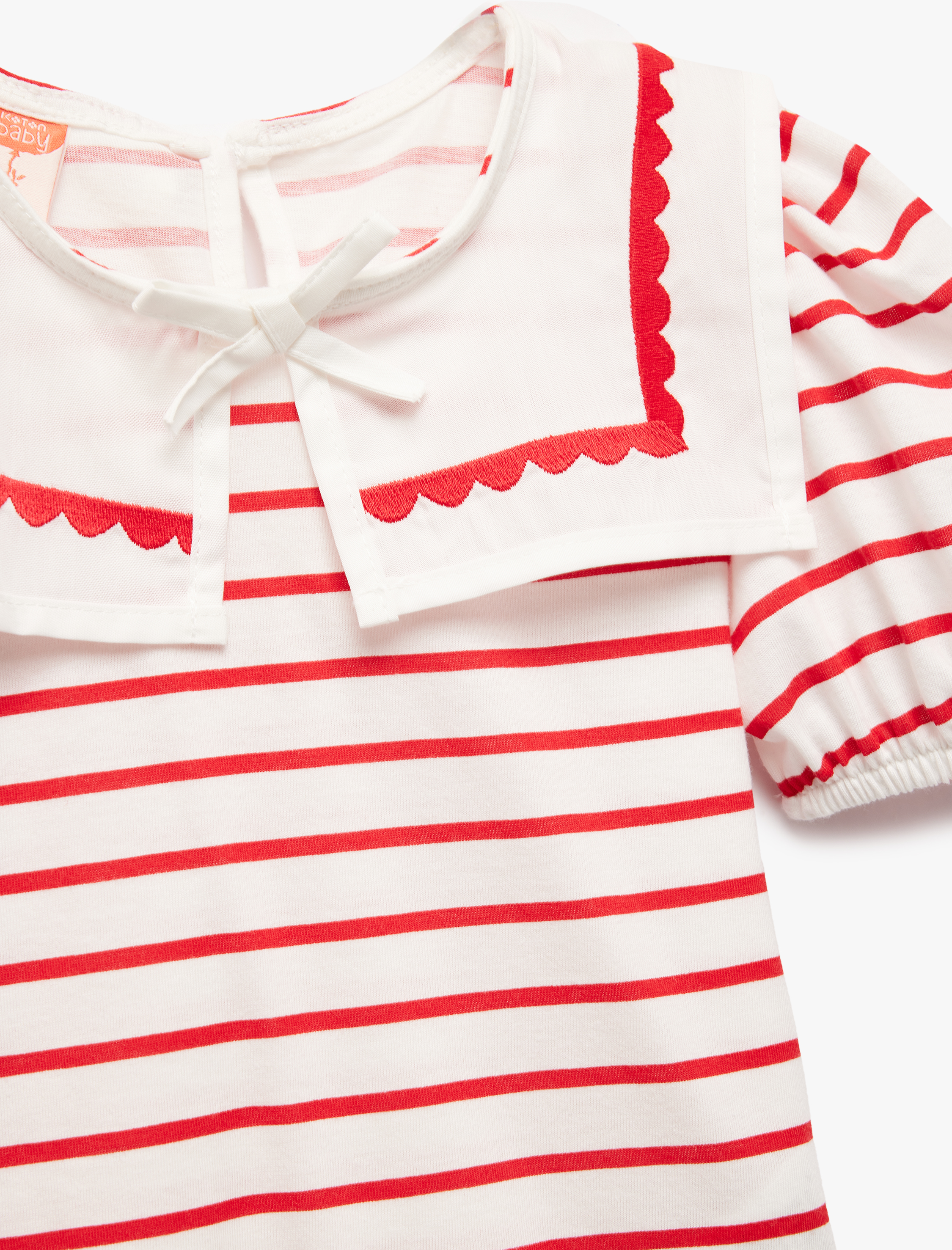  Kız Bebek Kısa Balon Kollu Pamuklu Fiyonk Detaylı Bebe Yaka Çizgili Tişört