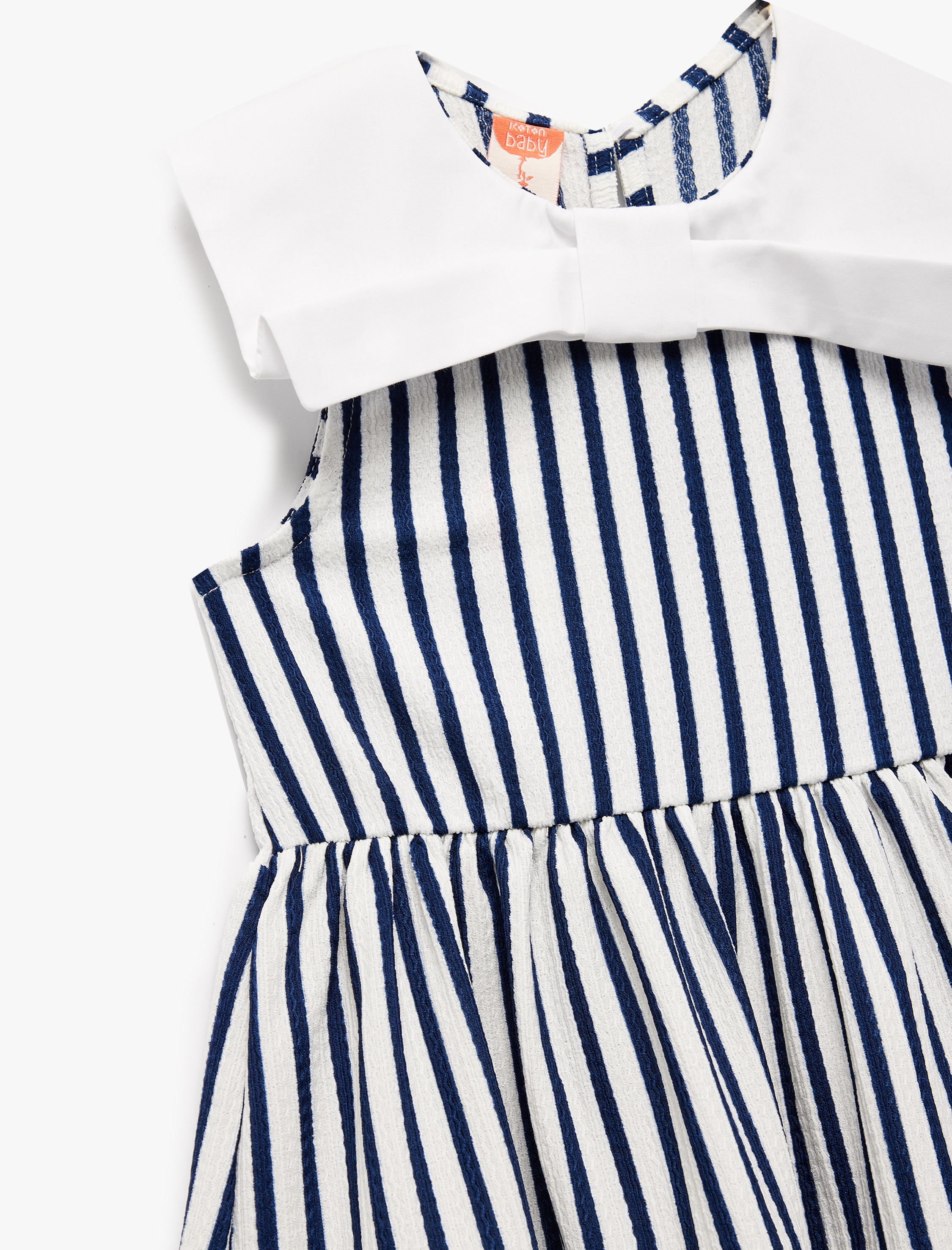  Kız Bebek Bebe Yaka Pamuklu Bürümcük Katmanlı Kolsuz Fiyonklu Çizgili Elbise