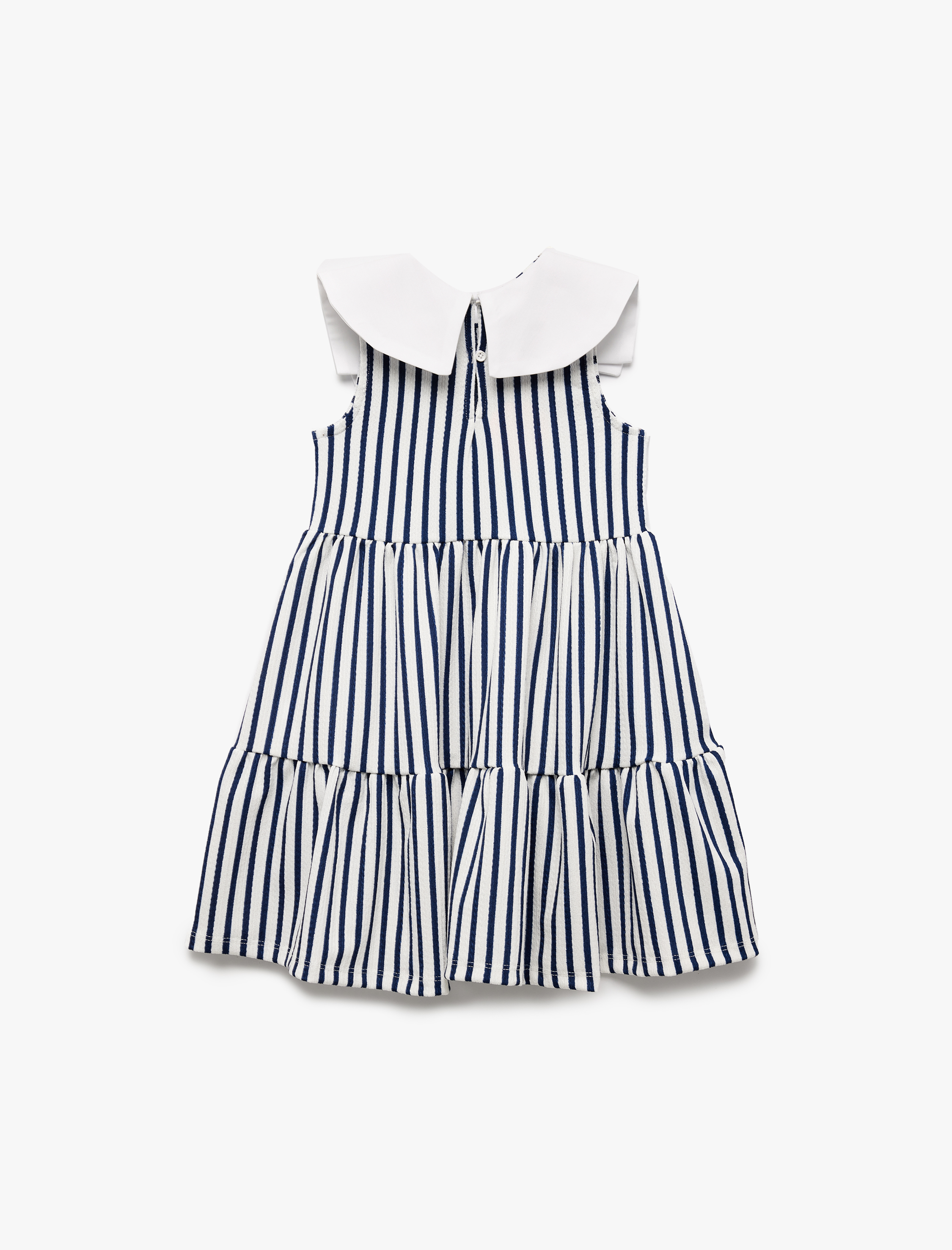  Kız Bebek Bebe Yaka Pamuklu Bürümcük Katmanlı Kolsuz Fiyonklu Çizgili Elbise