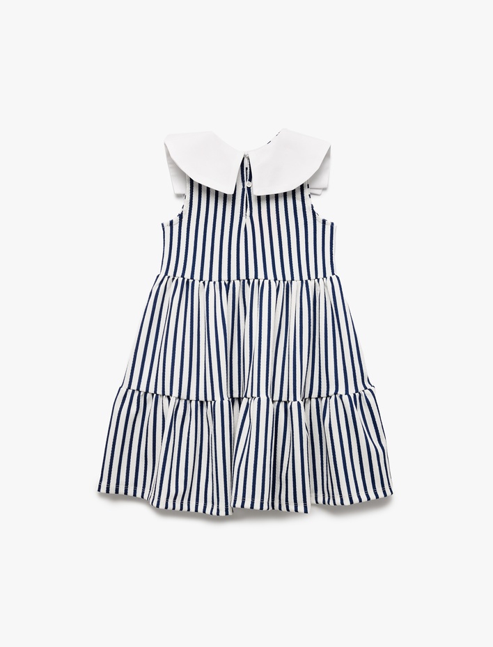 Kız Bebek Bebe Yaka Pamuklu Bürümcük Katmanlı Kolsuz Fiyonklu Çizgili Elbise