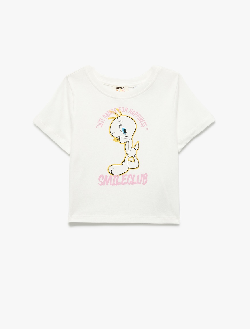  Kız Çocuk Tweety Lisanslı Kısa Kollu Bisiklet Yaka Pamuklu Baskılı Tişört