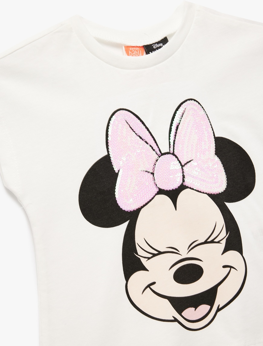  Kız Bebek Pamuklu Pullu Payetli Bisiklet Yaka Kısa Kollu Lisanslı Minnie Mouse Tişört