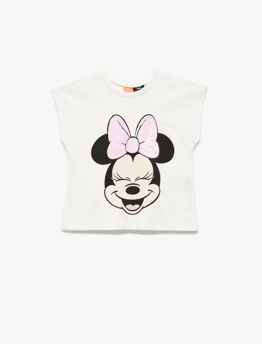  Kız Bebek Pamuklu Pullu Payetli Bisiklet Yaka Kısa Kollu Lisanslı Minnie Mouse Tişört