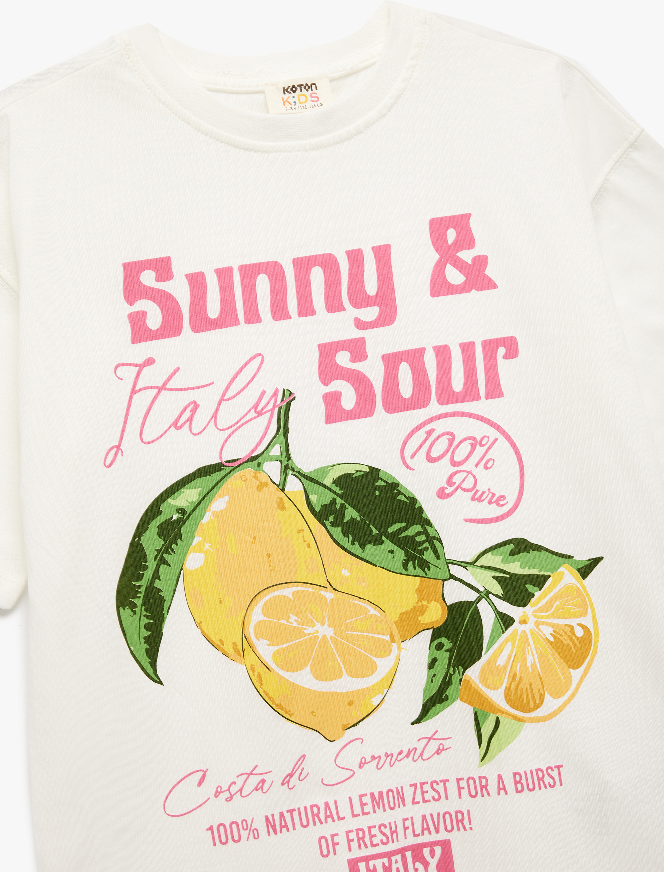  Kız Çocuk Pamuklu Bisiklet Yaka Kısa Kollu Limon Baskılı Tişört