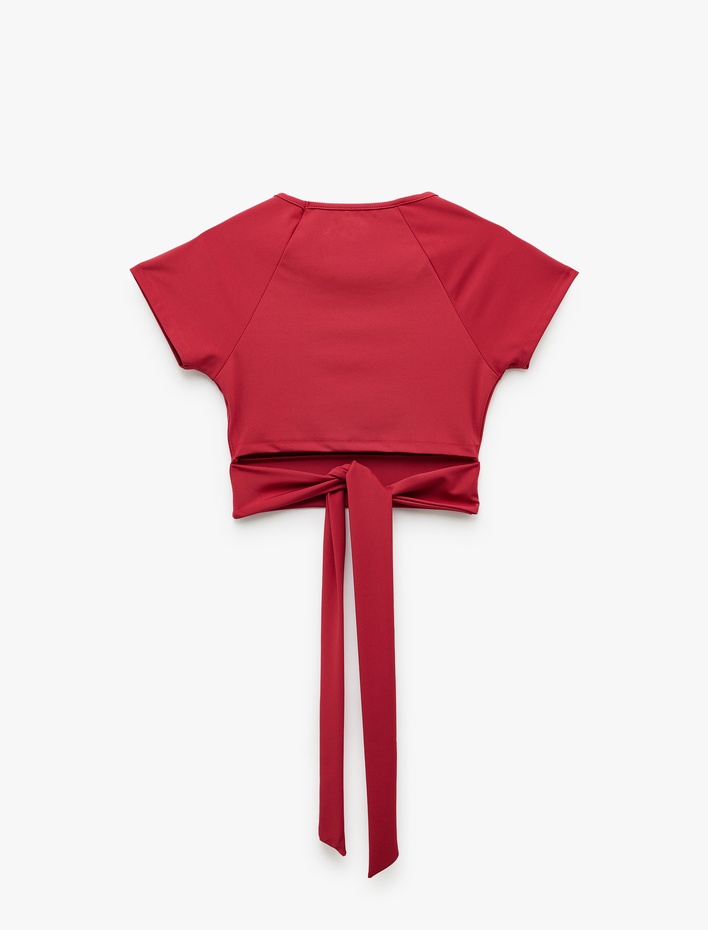  Bisiklet Yaka Bağlama Detaylı Kısa Kollu Crop Spor Tişört