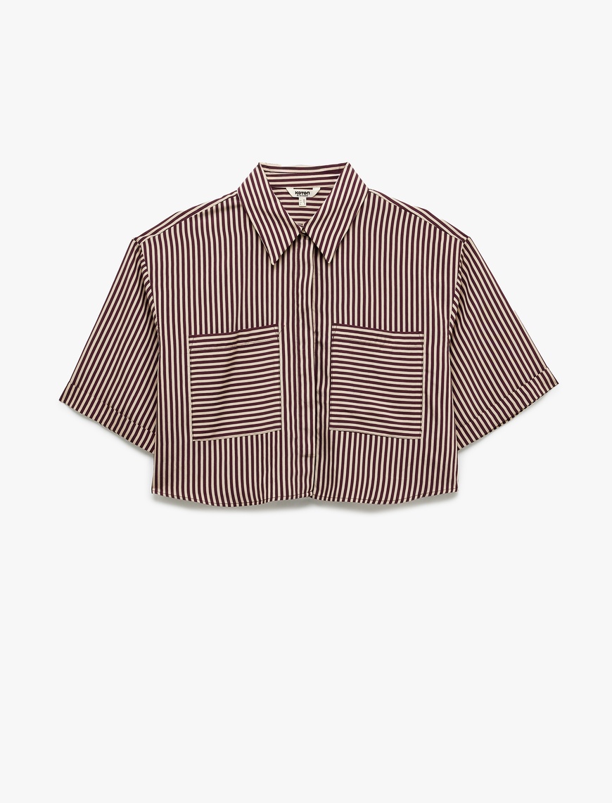   Viskon Kumaş Klasik Yaka Cepli Kısa Kollu Crop Oversize Gömlek