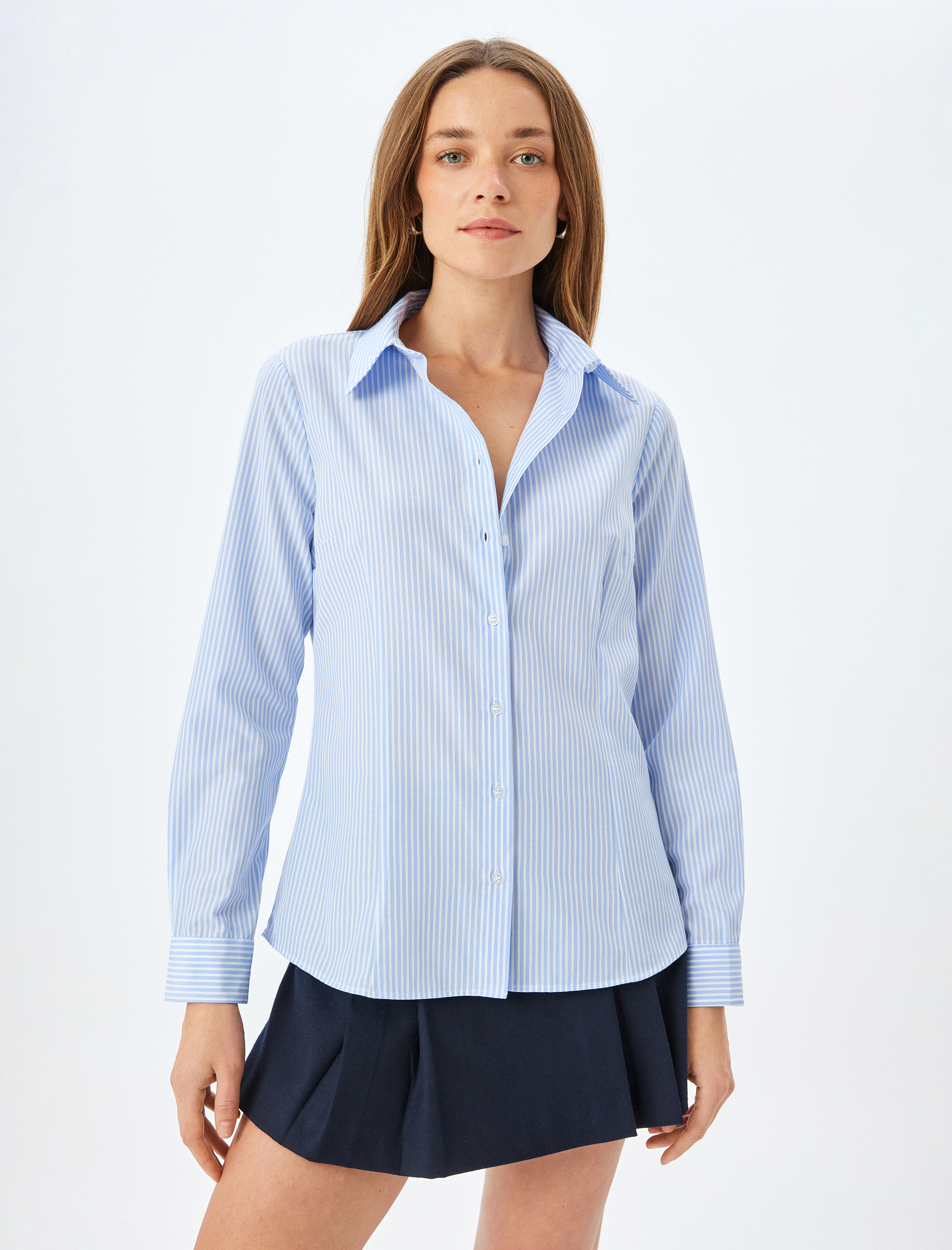   Uzun Kollu Slim Fit Çizgili Poplin Gömlek