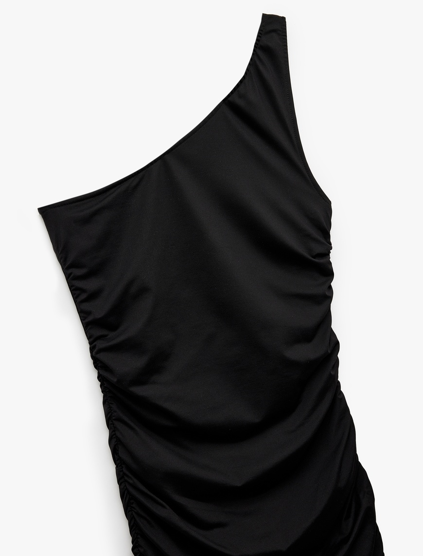   Drapeli Slim Fit Asimetrik Tek Omuz Elbise