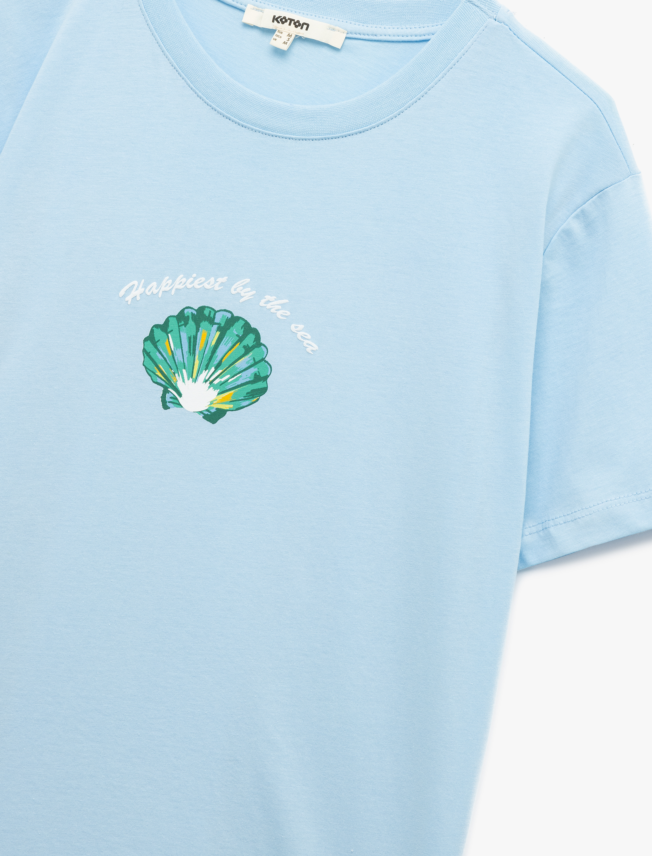   Pamuklu Kısa Kollu Bisiklet Yaka Deniz Kabuğu Baskılı Tişört