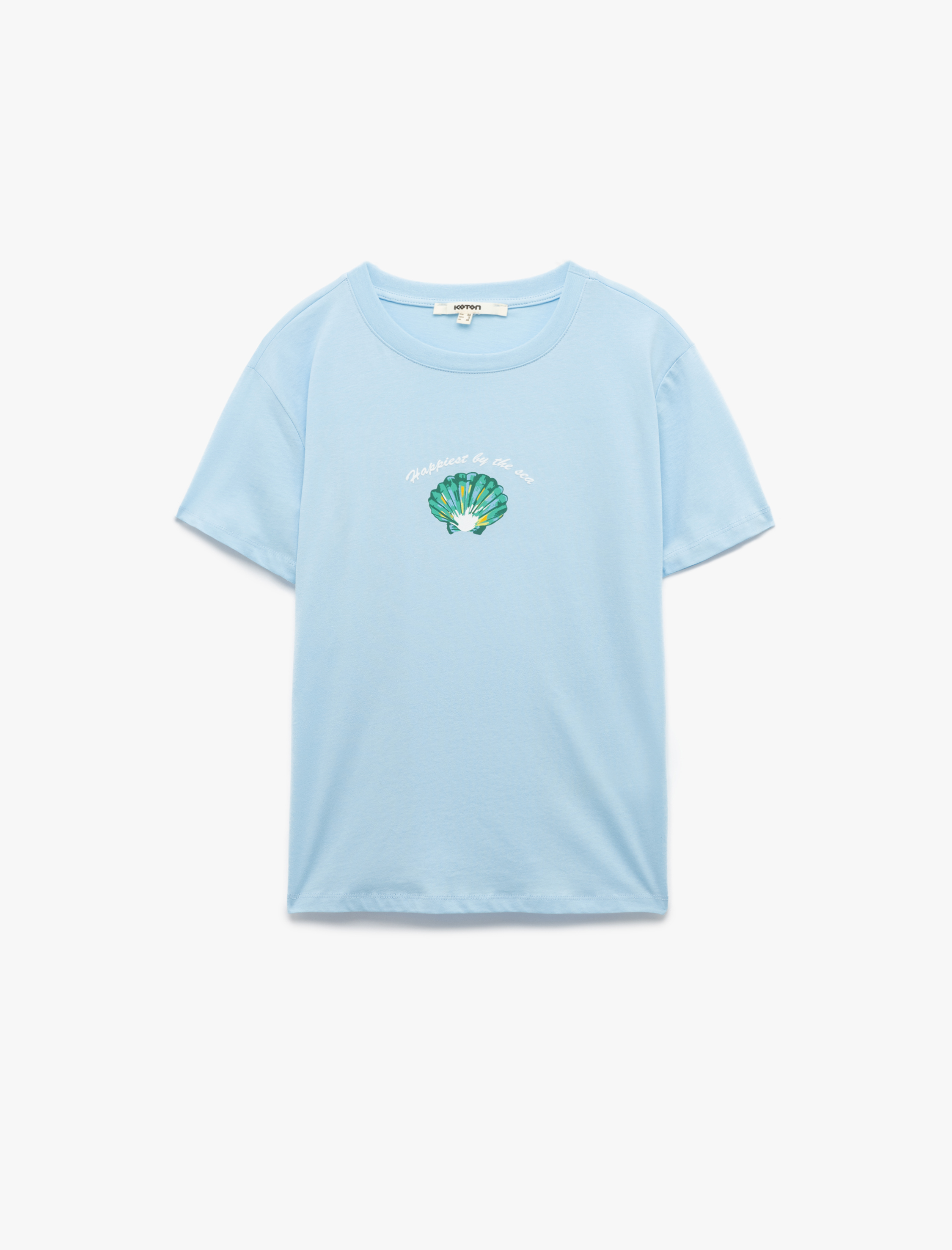   Pamuklu Kısa Kollu Bisiklet Yaka Deniz Kabuğu Baskılı Tişört