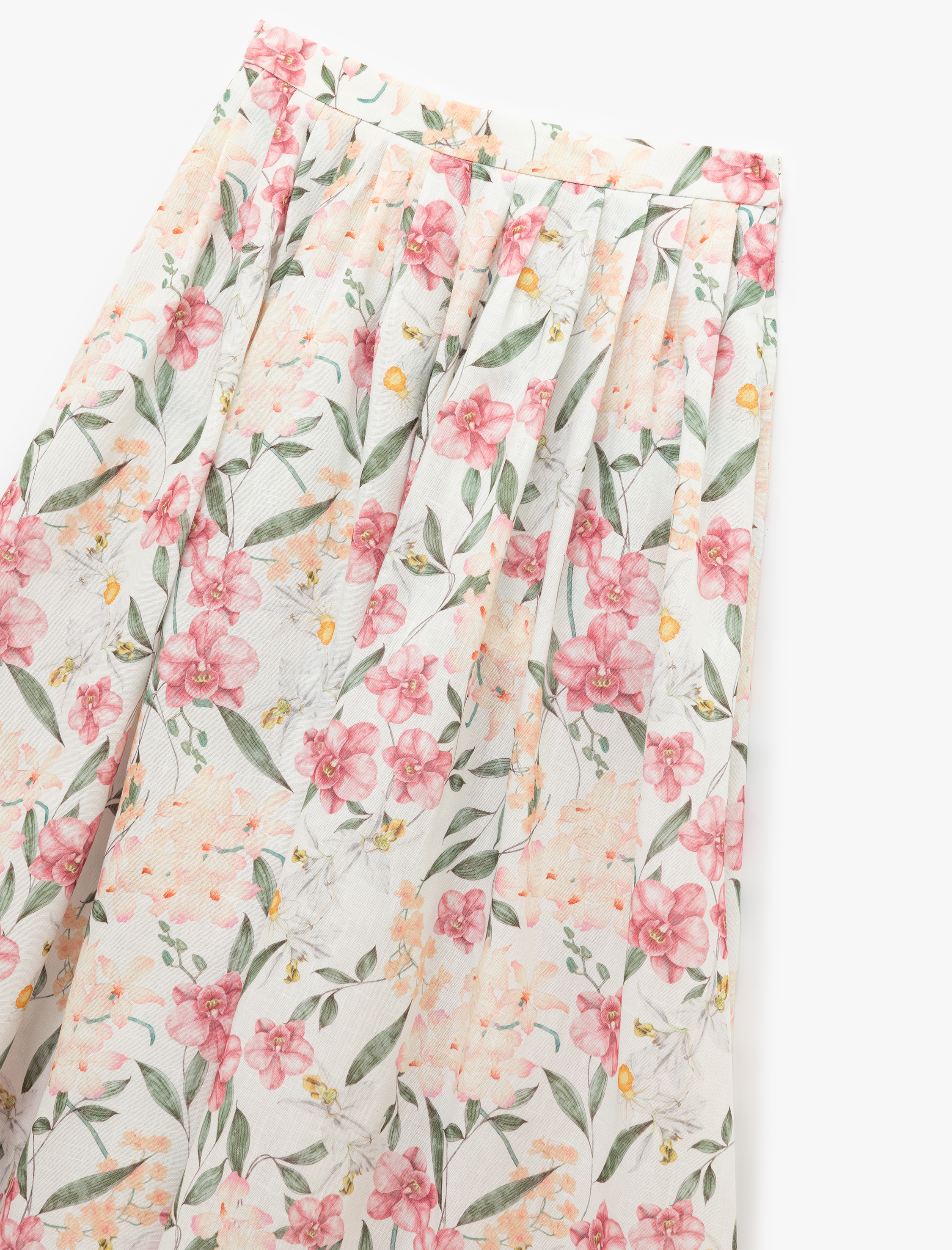   Pile Detaylı Yüksek Bel Midi Kloş Çiçekli Etek