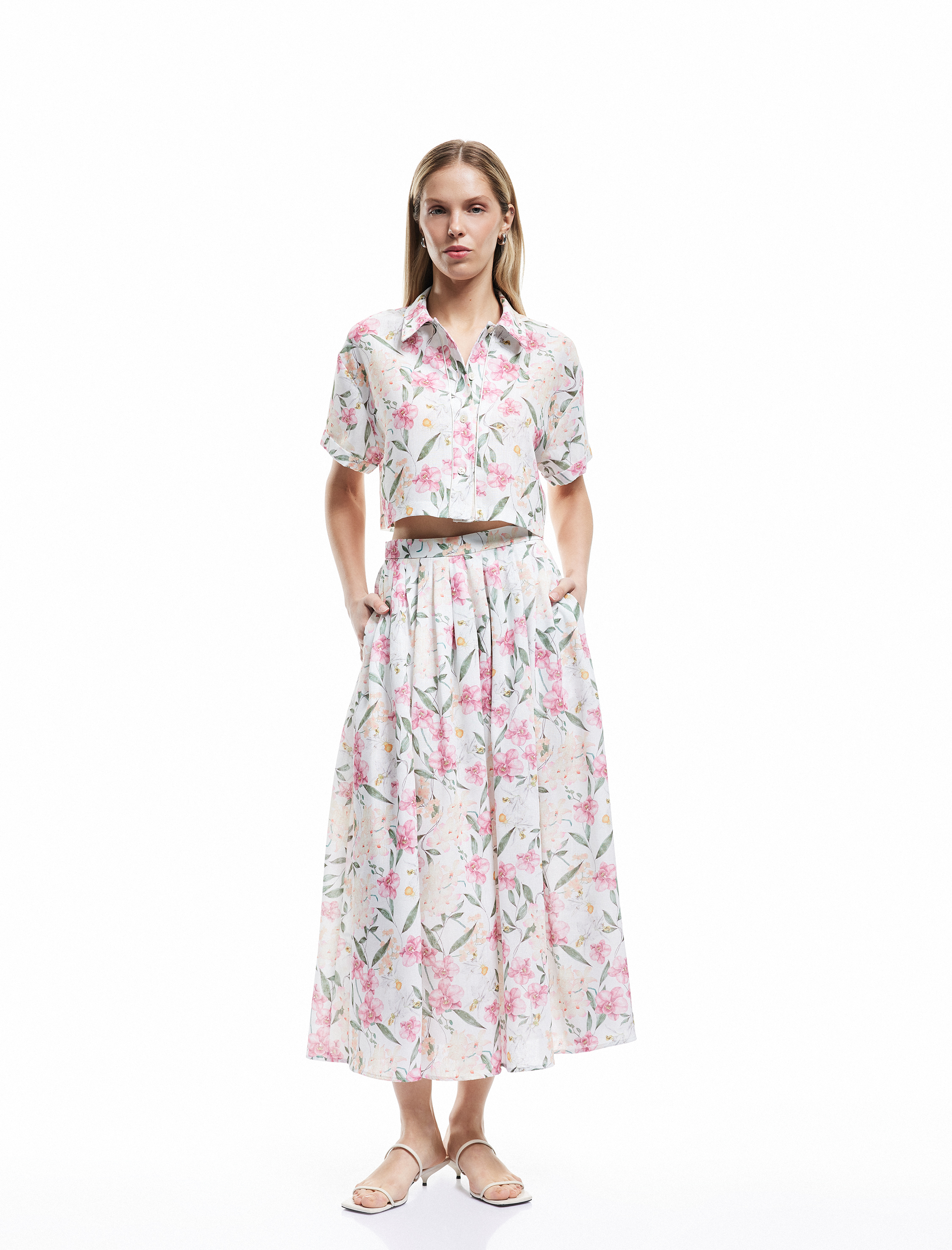   Pile Detaylı Yüksek Bel Midi Kloş Çiçekli Etek