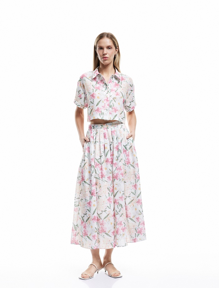  Pile Detaylı Yüksek Bel Midi Kloş Çiçekli Etek