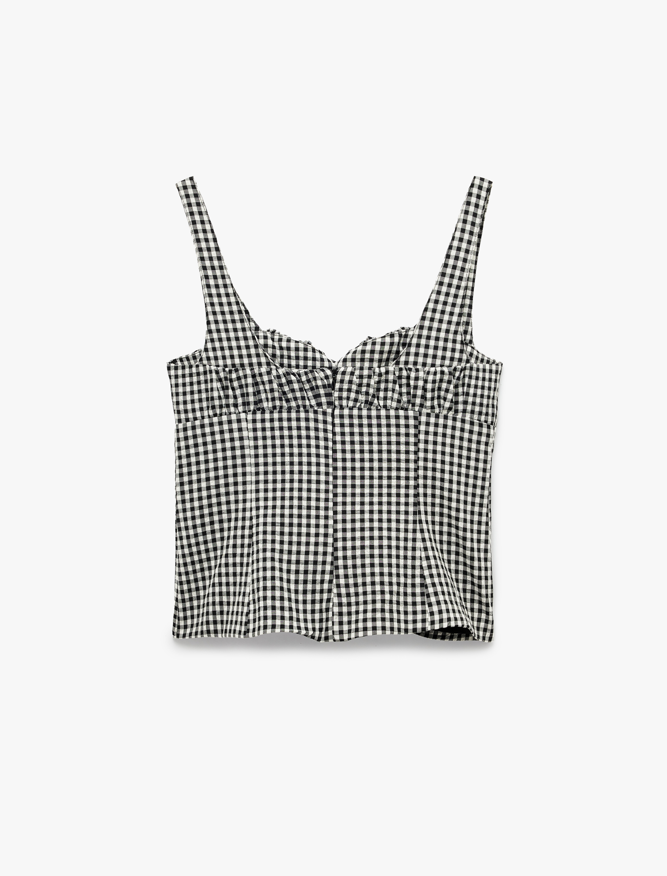   Astarlı Pötikareli Büzgülü Fiyonk Detaylı Kalp Yaka Askılı Bluz