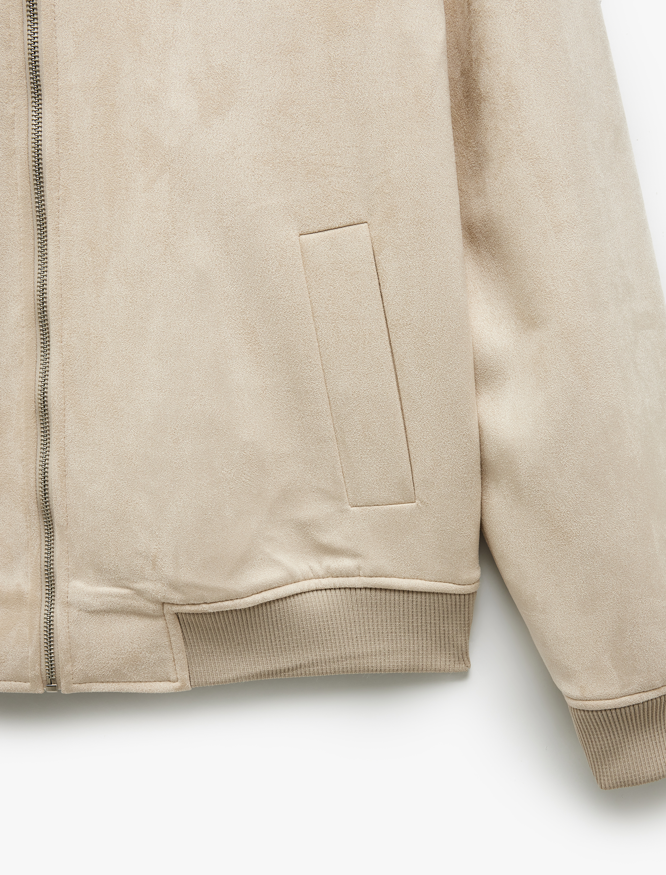   Kolej Yaka Cep Detaylı Uzun Kollu Suni Süet Bomber Ceket