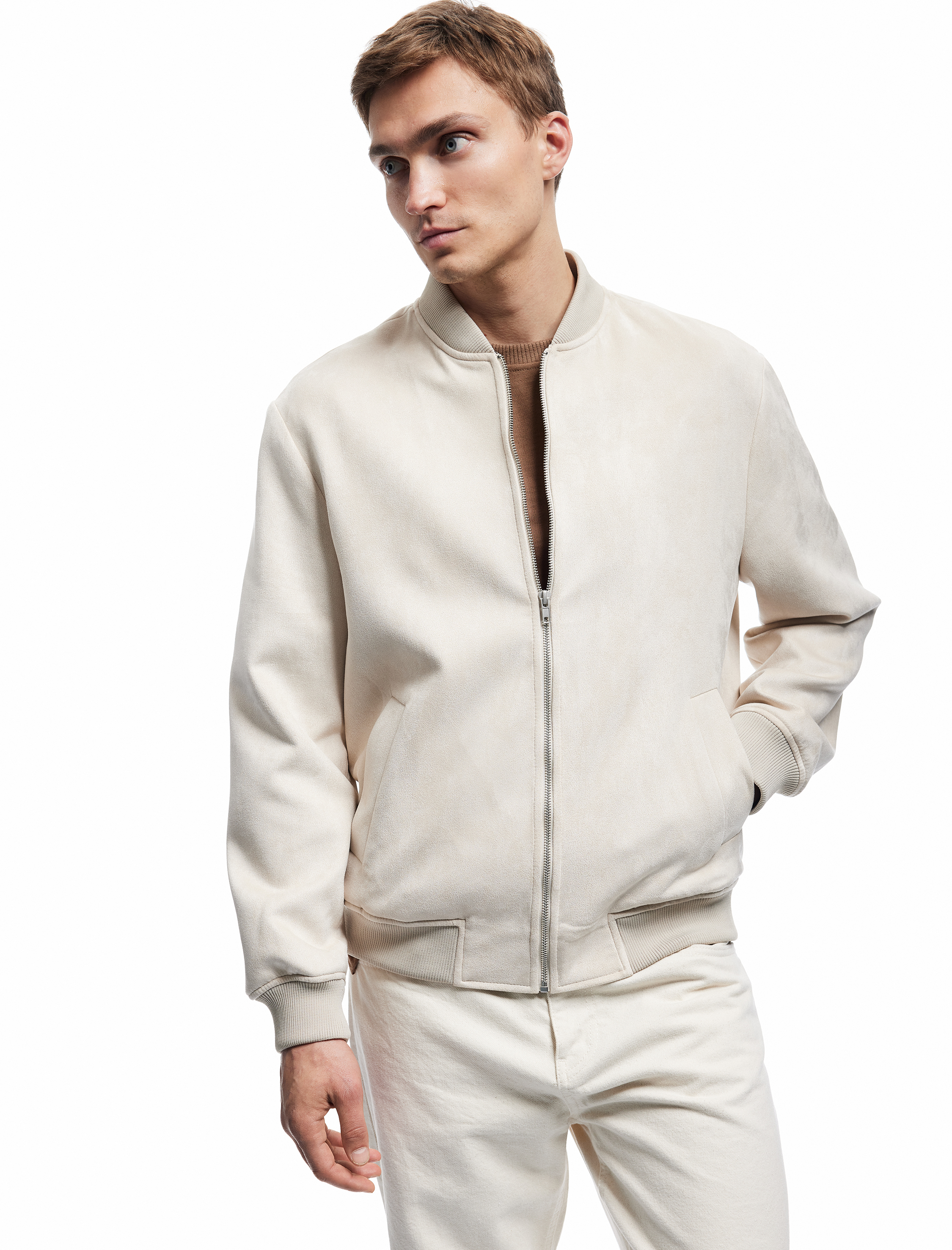   Kolej Yaka Cep Detaylı Uzun Kollu Suni Süet Bomber Ceket