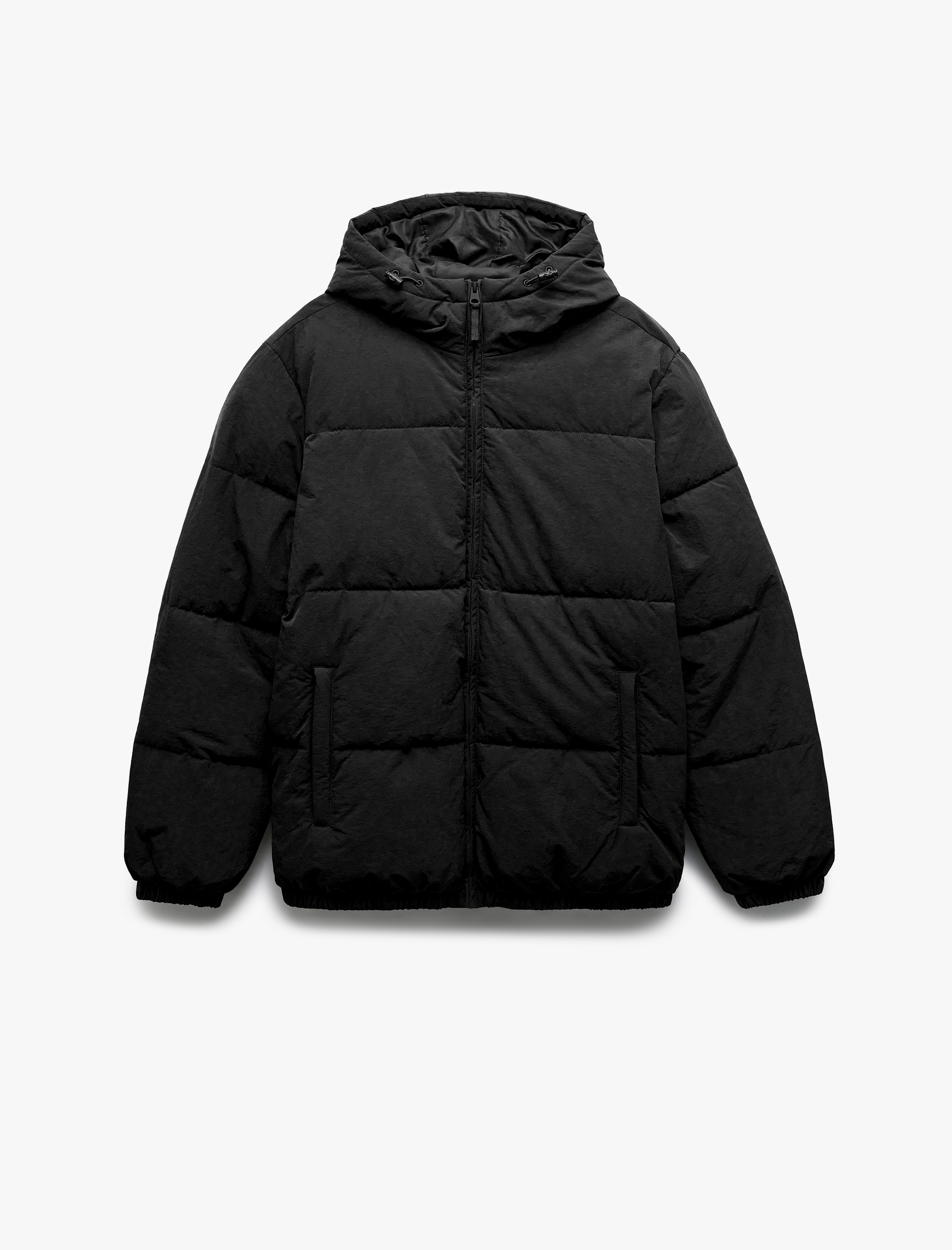 Uzun Kollu Cep Detaylı Fermuarlı Kapşonlu Kışlık Şişme Mont