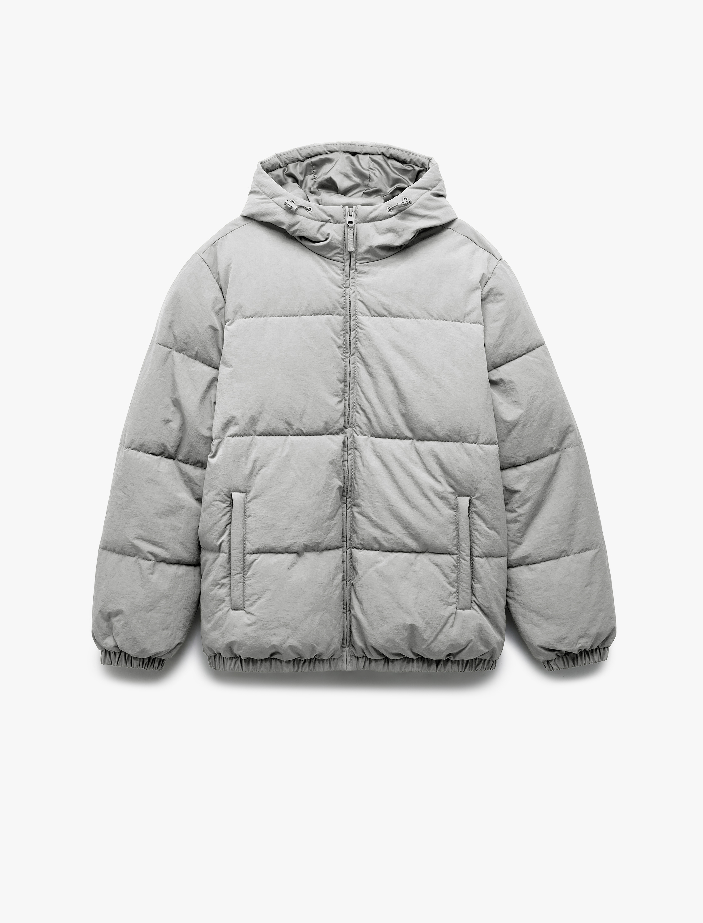 Uzun Kollu Cep Detaylı Fermuarlı Kapşonlu Kışlık Şişme Mont