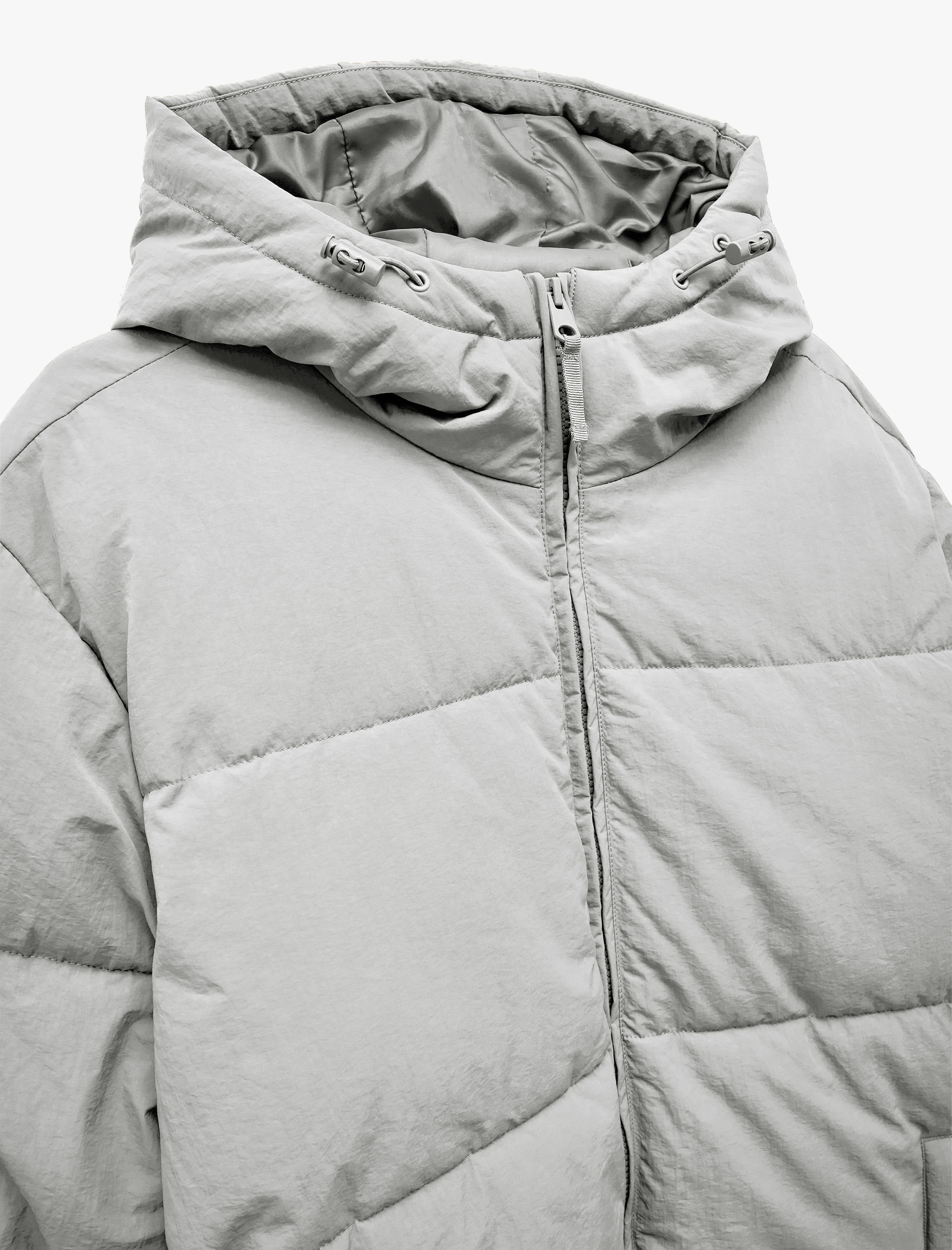 Uzun Kollu Cep Detaylı Fermuarlı Kapşonlu Kışlık Şişme Mont