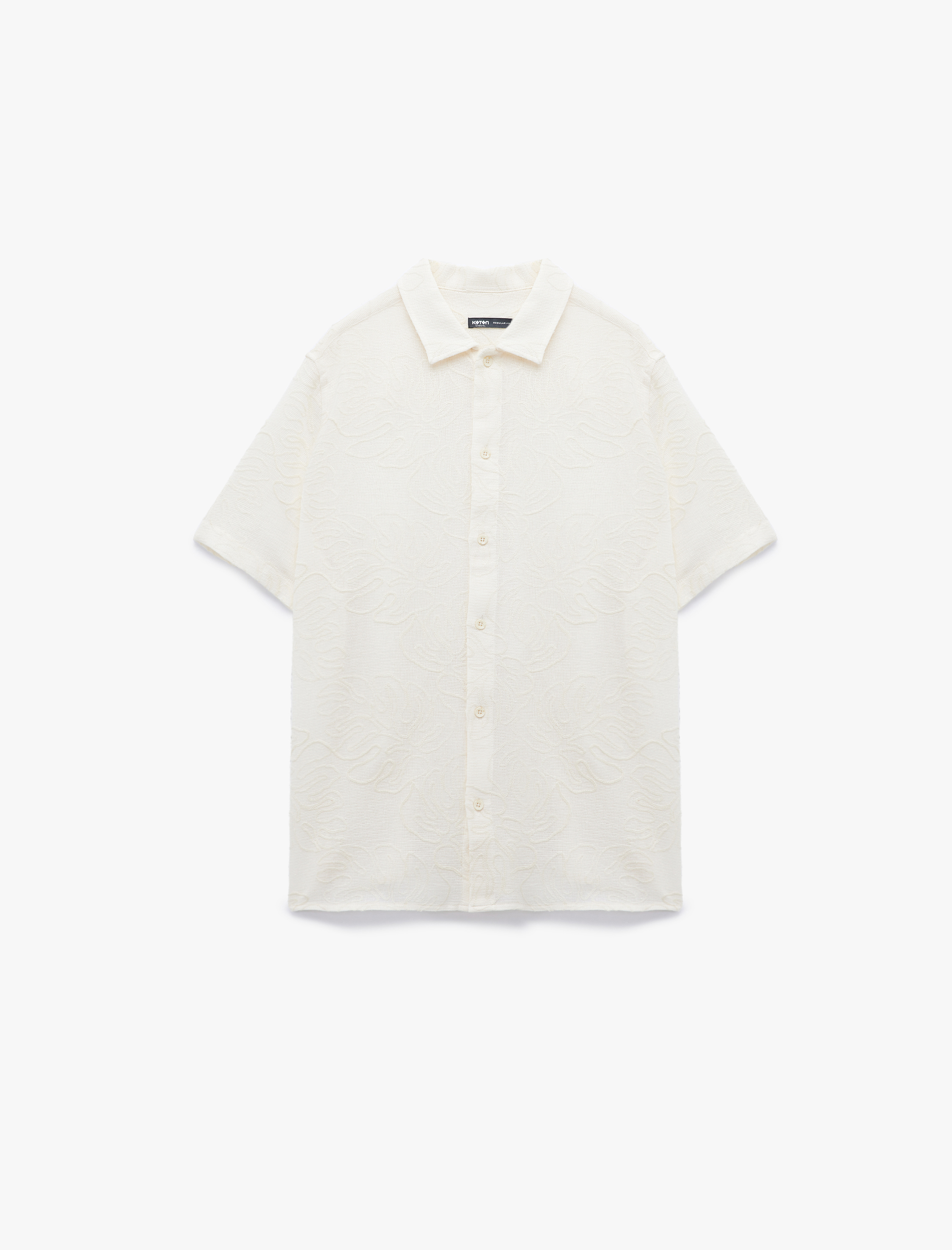   Klasik Yaka Pamuklu Regular Fit Palmiye İşlemeli Kısa Kollu Dokulu Gömlek