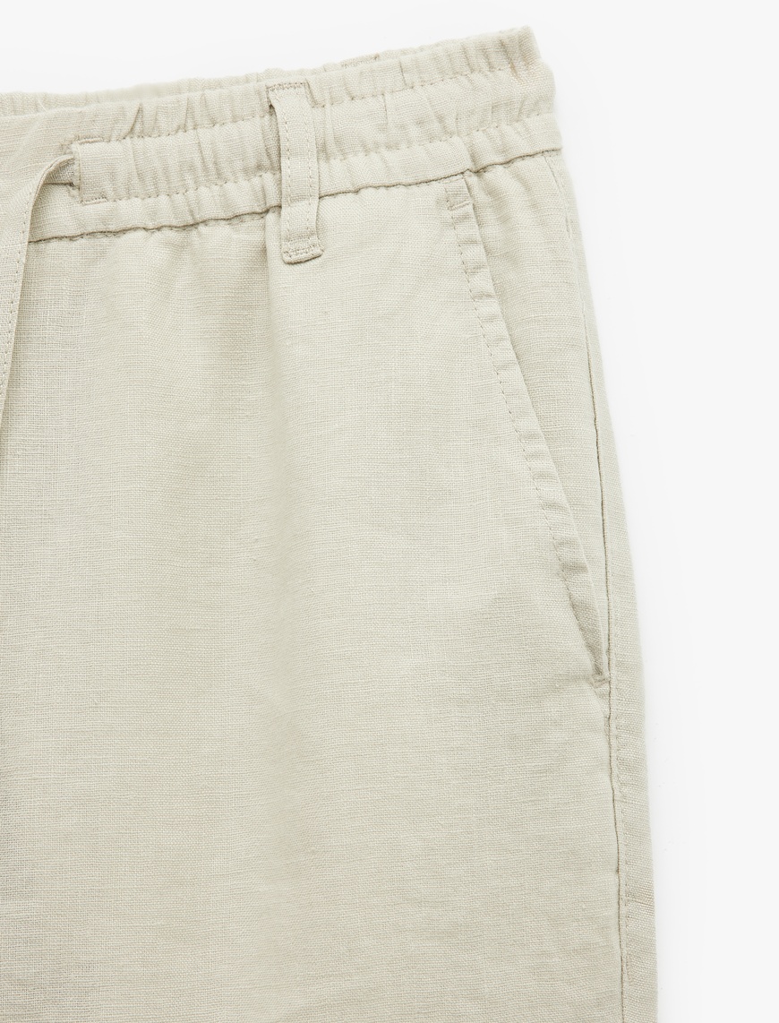   Beli Bağcıklı Düğmeli Cep Detaylı Keten Chino Yazlık Pantolon