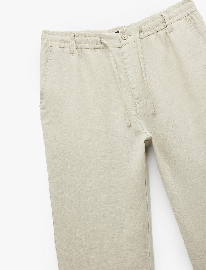   Beli Bağcıklı Düğmeli Cep Detaylı Keten Chino Yazlık Pantolon