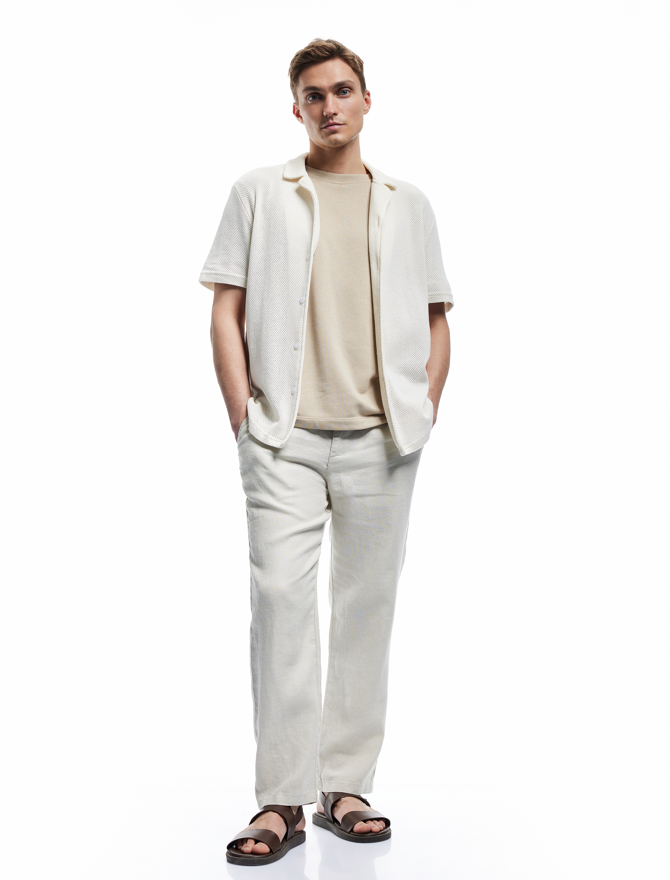   Beli Bağcıklı Düğmeli Cep Detaylı Keten Chino Pantolon