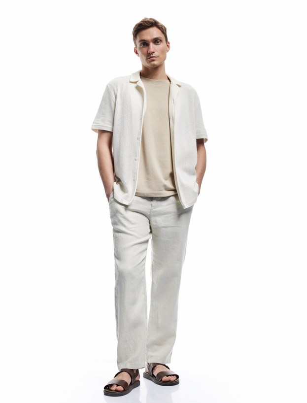 Beli Bağcıklı Düğmeli Cep Detaylı Keten Chino Yazlık Pantolon_1