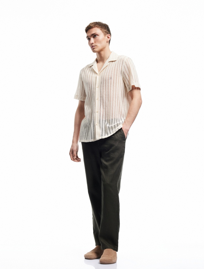  Beli Bağcıklı Düğmeli Cep Detaylı Keten Chino Pantolon