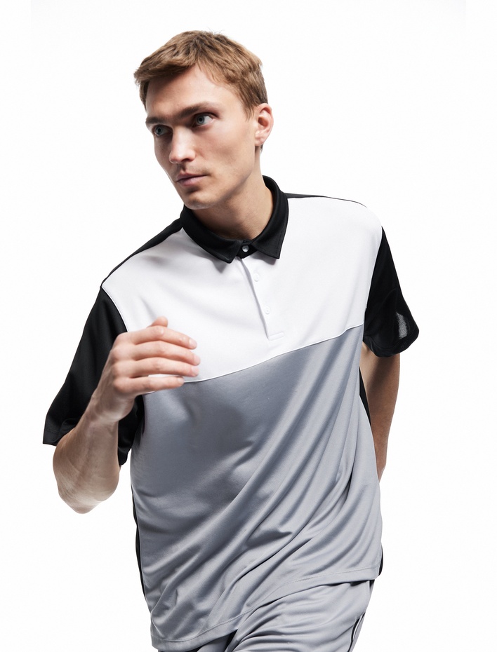  Kısa Kollu Polo Yaka Renk Bloklu Oversize Spor Tişört