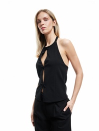 Krep Scuba Kumaş Pencere Detaylı Fiyonklu Halter Yaka Bluz